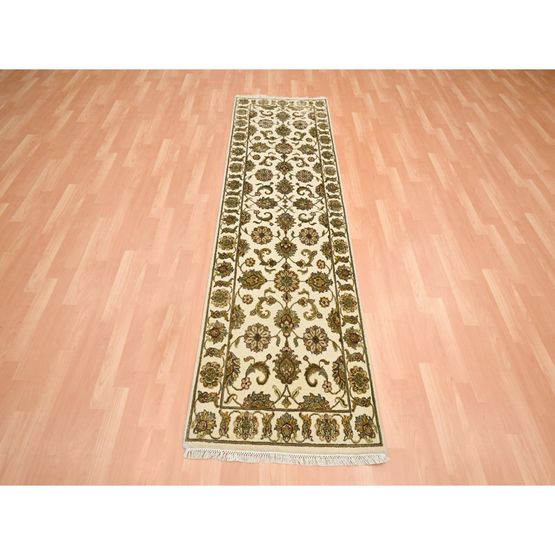 Tapis de couloir oriental blanc 2 pi 7 po x 8 pi 3 po Photon, Rajasthan avec motif de feuilles, noué à la main, laine et soie, épais et moelleux, tissé dense