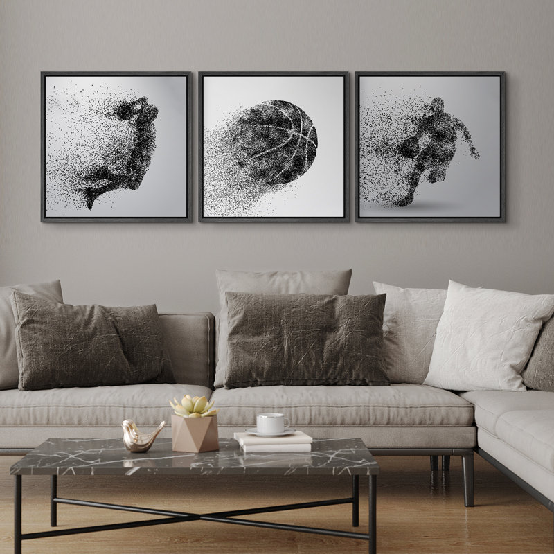 «Sport Play Basketball on Canvas», reproduction de 3 pièces, H 24 po x l 72 po, Cadre flottant noir