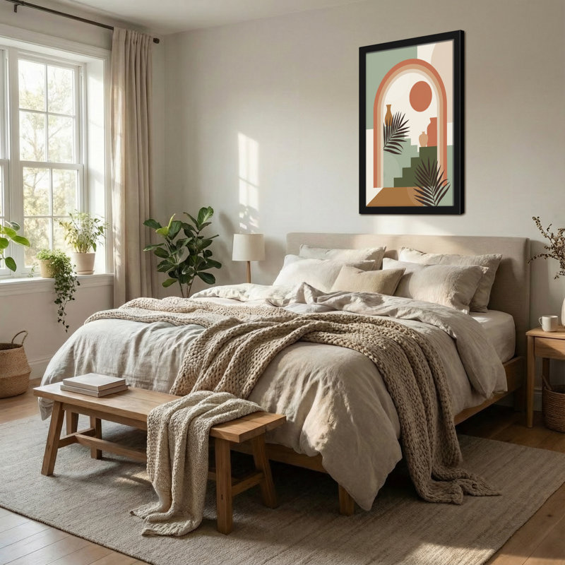 Abstrait arche du désert avec vases et feuilles de palmier, H 24 po x l 16 po