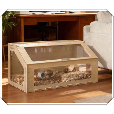 Cage à hamster avec fenêtre ouverte en chêne