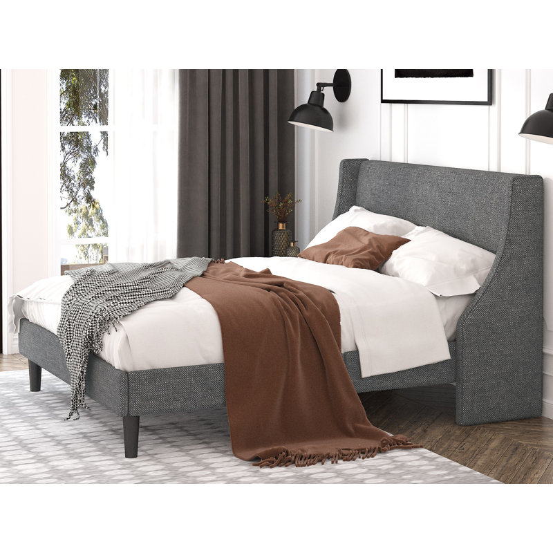 Toderick Upholstered Platform Bed with Deluxe Wingback and Linen Blend, Light Gray, Full / Double