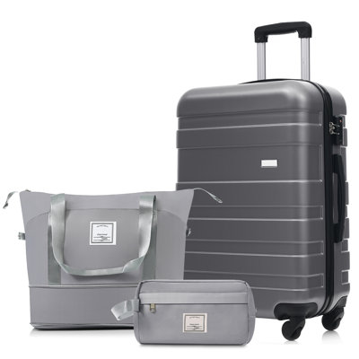 3-Piece Luggage Set  - 24In Checked Suitcase With TSA Lock Travel Duffel Bag Wet-Dry Toiletry Bag,Grey