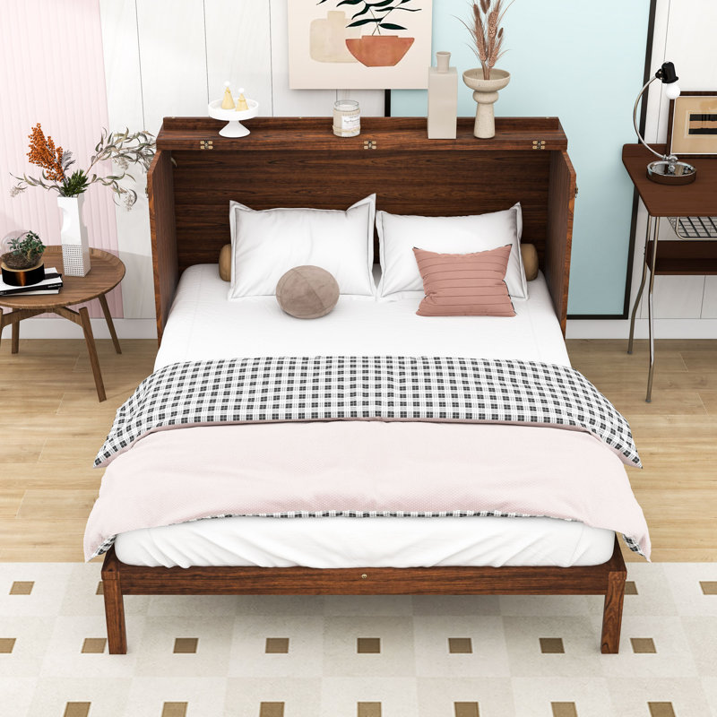 Queen 1 Drawer Wood Murphy Bed with Charging Station, Noyer