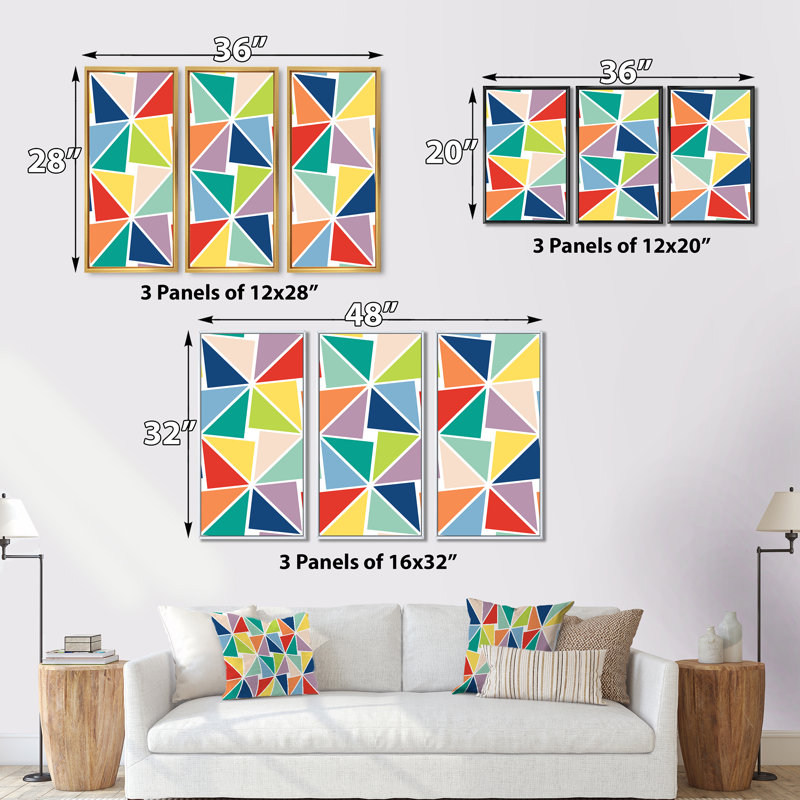 Motif de triangles multicolores - ensemble de 3 toiles encadrées, Noir, H 28 po x l 36 po