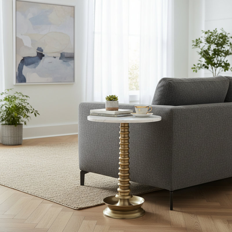 Clover Genuine White Marble Accent Table with Brass Pedestal Base – Modern Luxe Round Side Table 