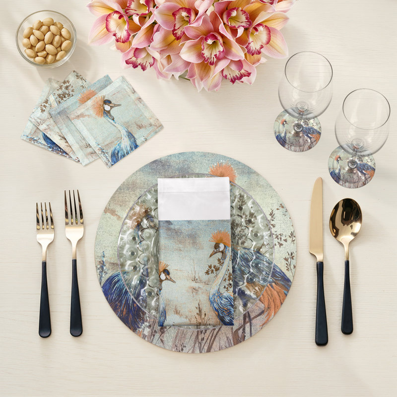Crested Crane Cotton Sateen Cocktail Napkins, Burnt