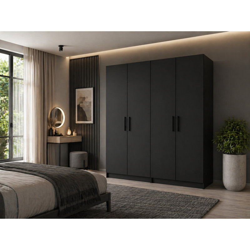 Nitra 4 Door Solid + Manufactured Wood Wardrobe, Black