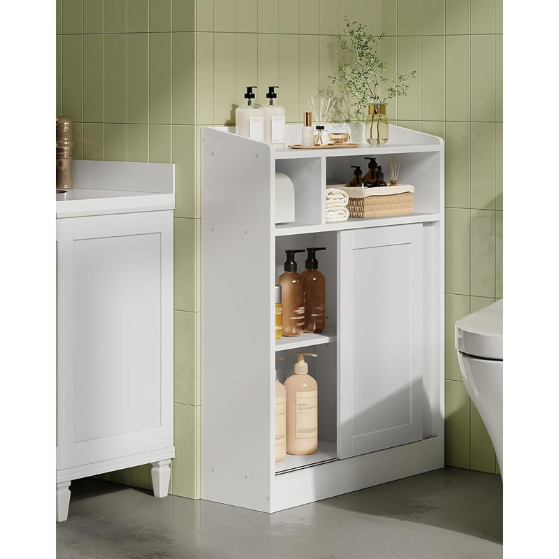 Armoire de salle de bain Slim White - Organisateur de rangement avec portes coulissantes, tablette réglable et porte-papier hygiénique