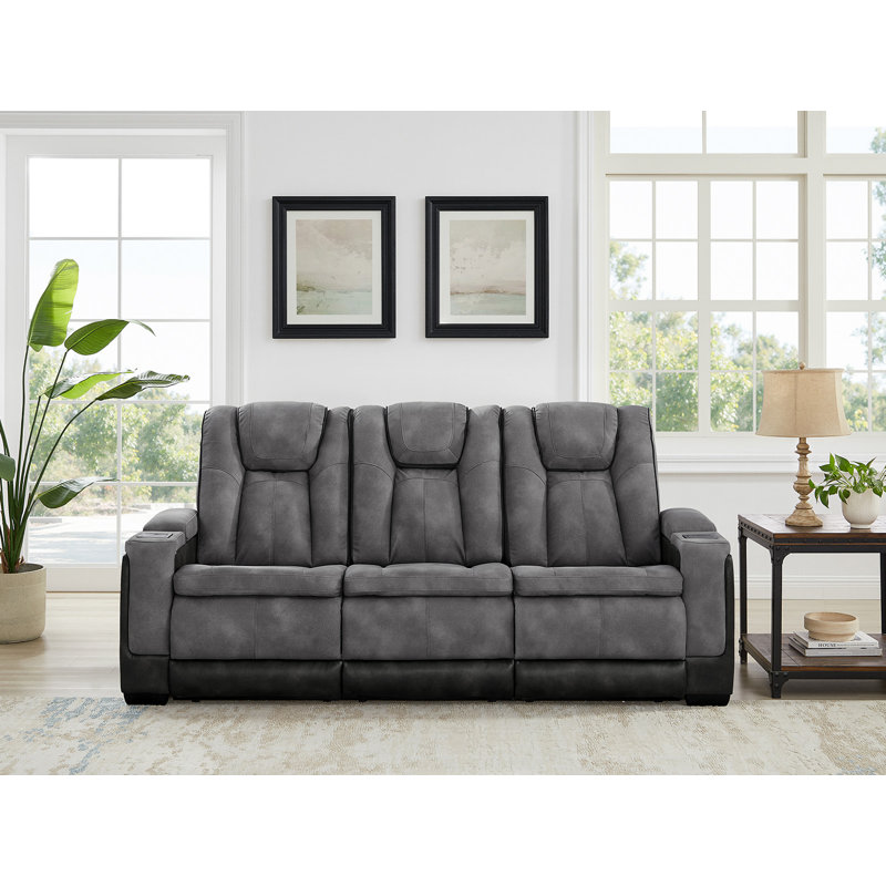 Canapé inclinable en cuir 87,5 po avec accoudoirs carrés en cuir respirant avec lampes de lecture et table rabattable, Gris