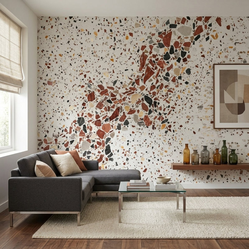 Papier peint texturé en béton Terrazzo, 120 po x 96 po, Peler et coller
