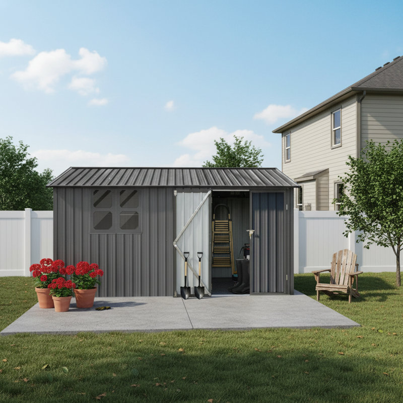 Abri de jardin extérieur en métal 12 x 10 pi gris avec fenêtre avec tablettes