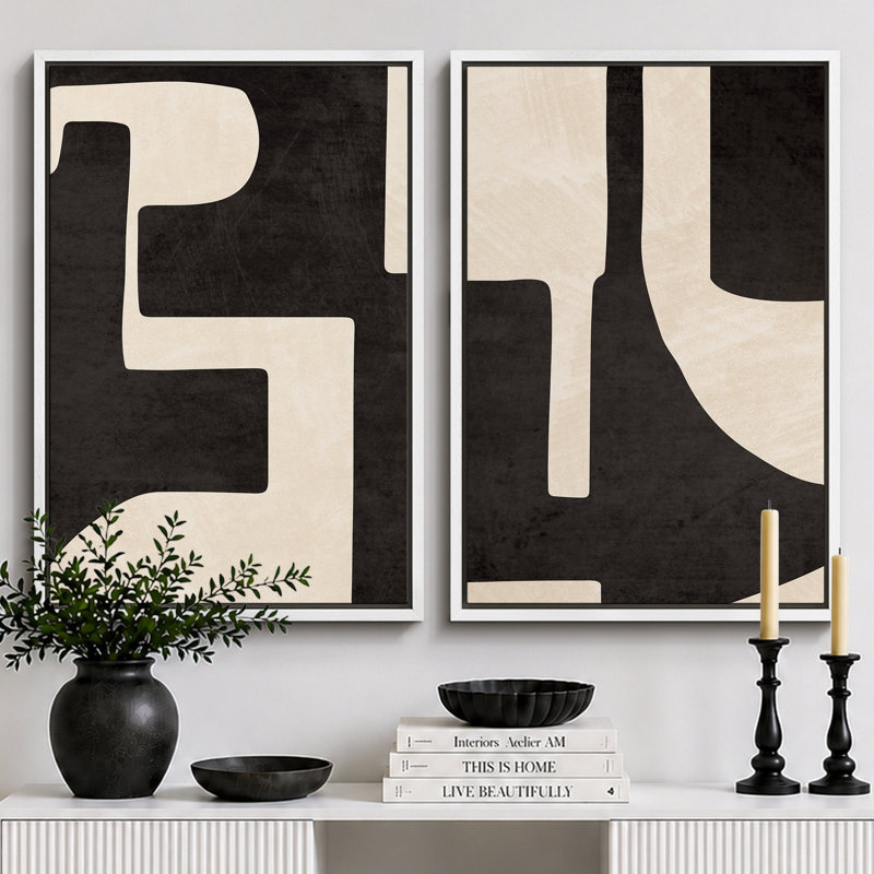 «Mid Century Shape», art moderne géométrique noir et crème, photos murales abstraites neutres et élégantes, impression sur toile encadrée 2 pièces, 16 x 24 x 2, 24 x 36 x 2