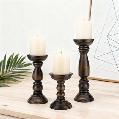 Farmhouse Wooden Candle Holders Set Of 3, Rustic Table Centerpiece Decor For Pillar And Flameless Candles, Vintage Tall Candle Stand