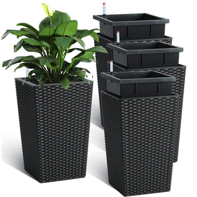Paquet de 4 pots de pots à fleurs en rotin noir de 16 pouces de hauteur avec indicateur de niveau d'eau visible et pots de fleurs économiseurs d'eau