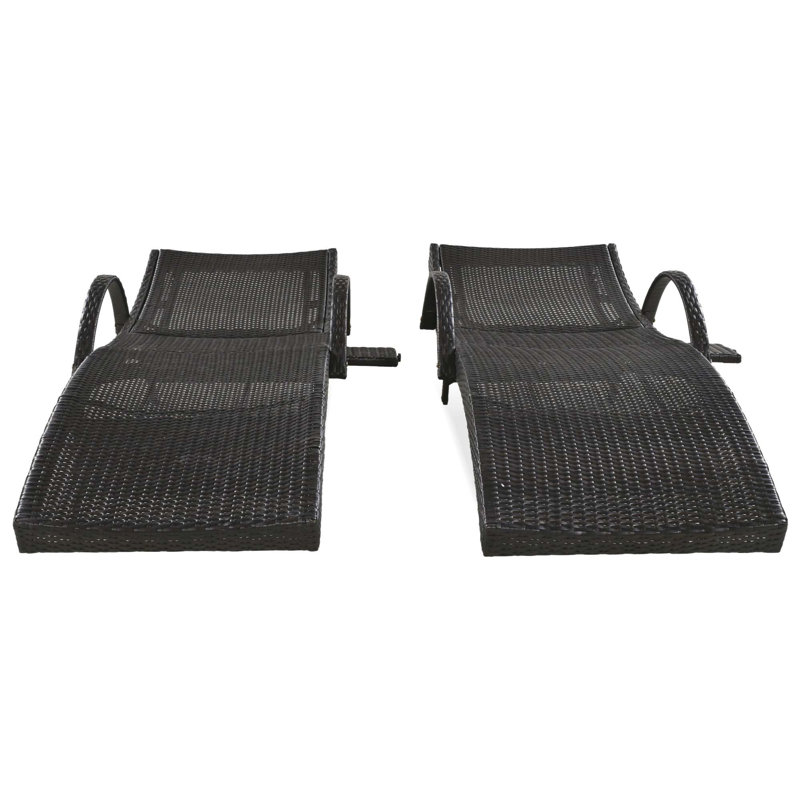 80'' Outdoor Wicker Chaise Lounge Chairs Set Of 2, Patio Rattan Reclining Chair Pull-Out Side Table Adjustable Backrest Ergonomic Wave Design Pool Sunbathing Recliners