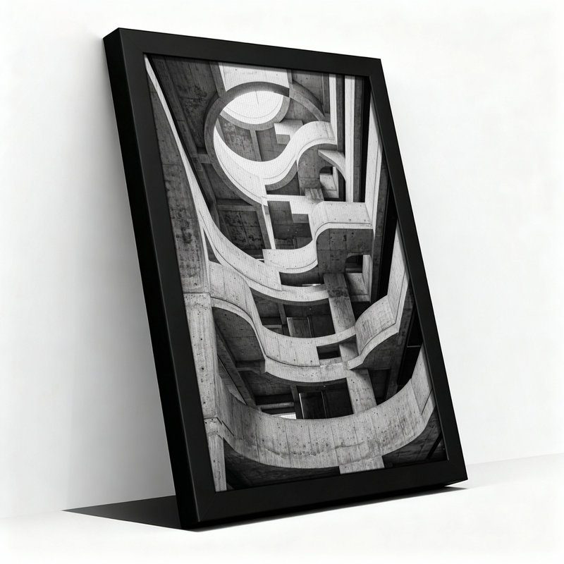 Tableau mural sur toile représentant une rampe en spirale en béton noir et blanc, H 30 po x l 20 po