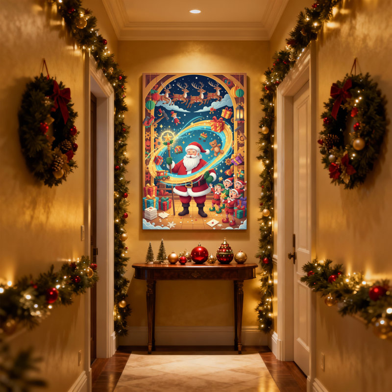 Ensemble de 3 impressions sur toile de Noël, père Noël avec renne et elfes, H 18 po x l 12 po