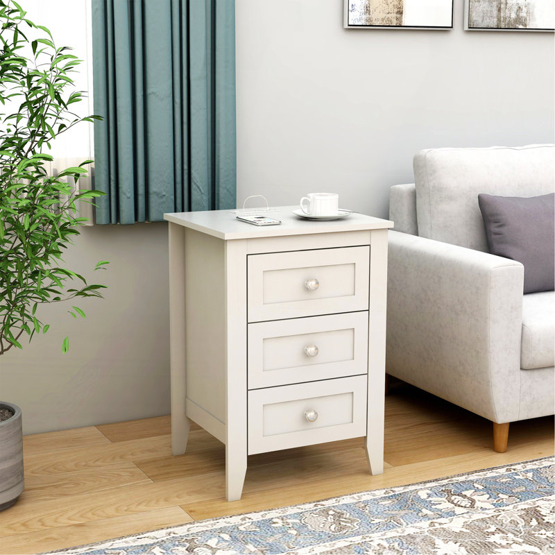 Table de chevet 3 tiroirs blanche avec station de charge et ports USB et prises de courant