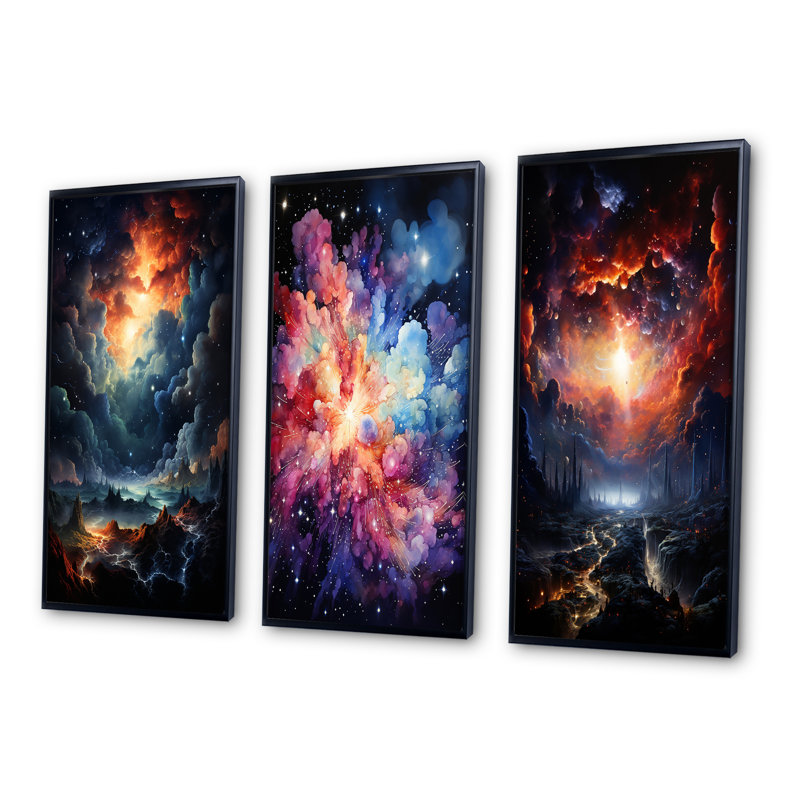 «Galaxy Celestial Fireworks», 3 pièces sur toile, H 40 po x l 60 po, Cadre noir