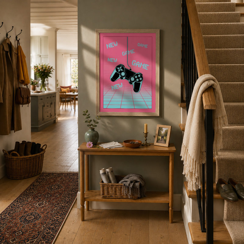 Neon Game Controllers Retro - Framed Print, A2 - 59.4 x 42.0 cm, Oak
