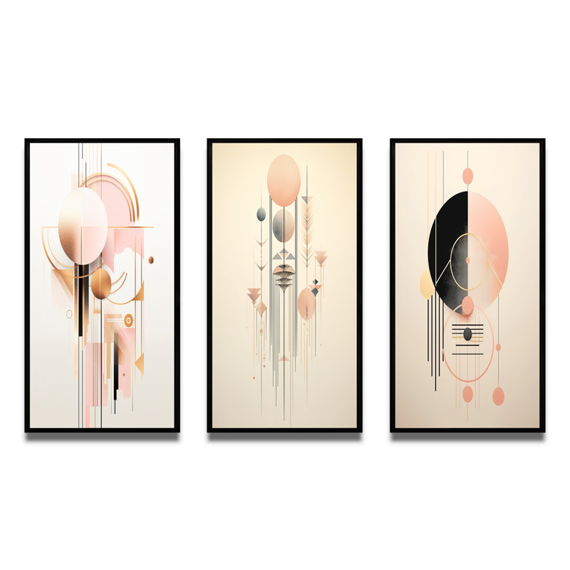 Circular Boho Chic Geometrics in Retro Pink - 3 pièces, Cadre flottant noir, H 32 po x l 48 po