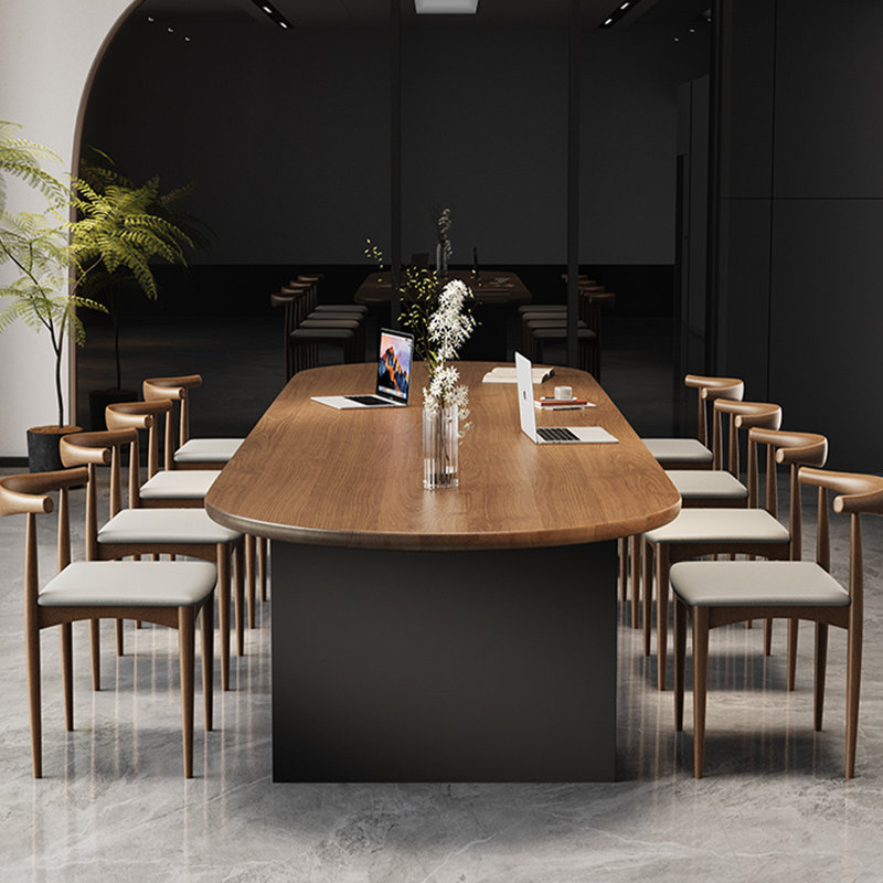 Table de conférence brun noyer + bois massif ovale noir + fer, H 29,53 po x L 110,24 po x l 39,37 po