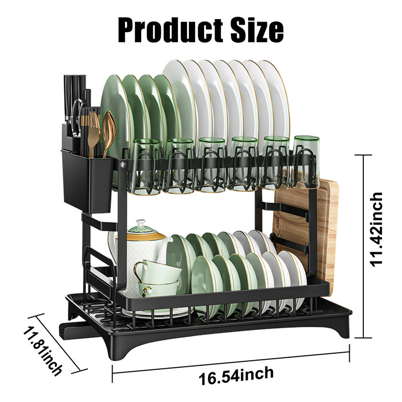 Black 2-Tier Foldable Metal Dish Drying Rack with Utensil Cup