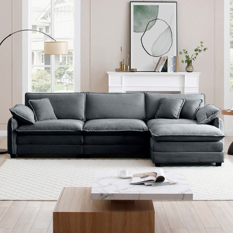 Canapé avec un repose-pieds, Velours côtelé gris, H 33,85 po x l 115,34 po x P 34,25 po