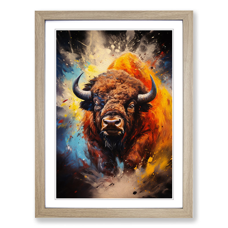 Buffalo Action Painting Art - Framed Print, 64cm H x 46cm W x 2cm D, Oak Framed