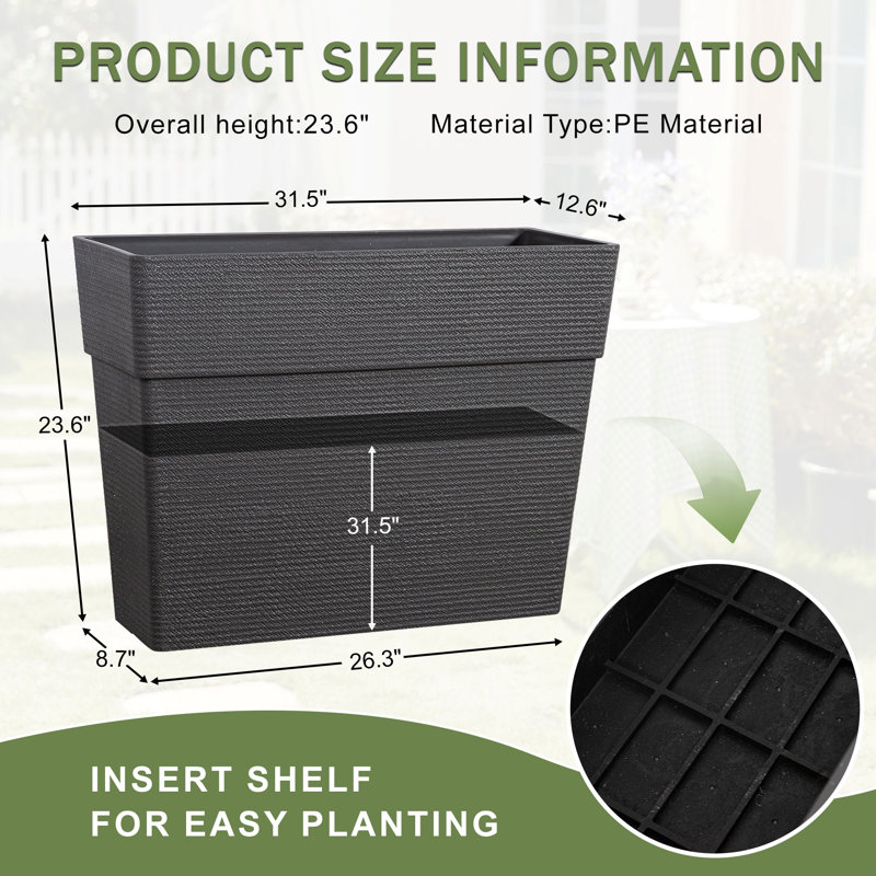 Pots de jardin décoratifs modernes pour l'intérieur et l'extérieur, H 23,6 po x l 32 po x P 13 po, Noir