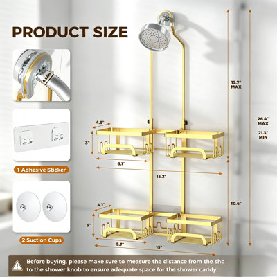 Split Shower Caddy for Handheld Showerheads, Adjustable Rustproof Organizer with 16 Hooks, Soap Holder, 40lbs Capacity