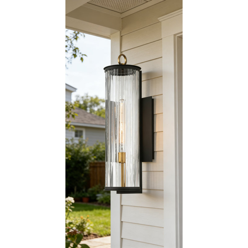 28 Inch Outdoor Wall Sconce With Clear Ribbed Glass Shade, Dark Matte Black And Legacy Brass Finish, Dimmable And Wet Location Rated