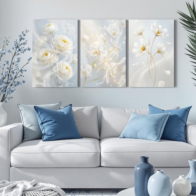 Ensemble de 3 tableaux muraux sur toile tendue, motif bouquet de fleurs blanches, pour la décoration du salon et de la chambre.