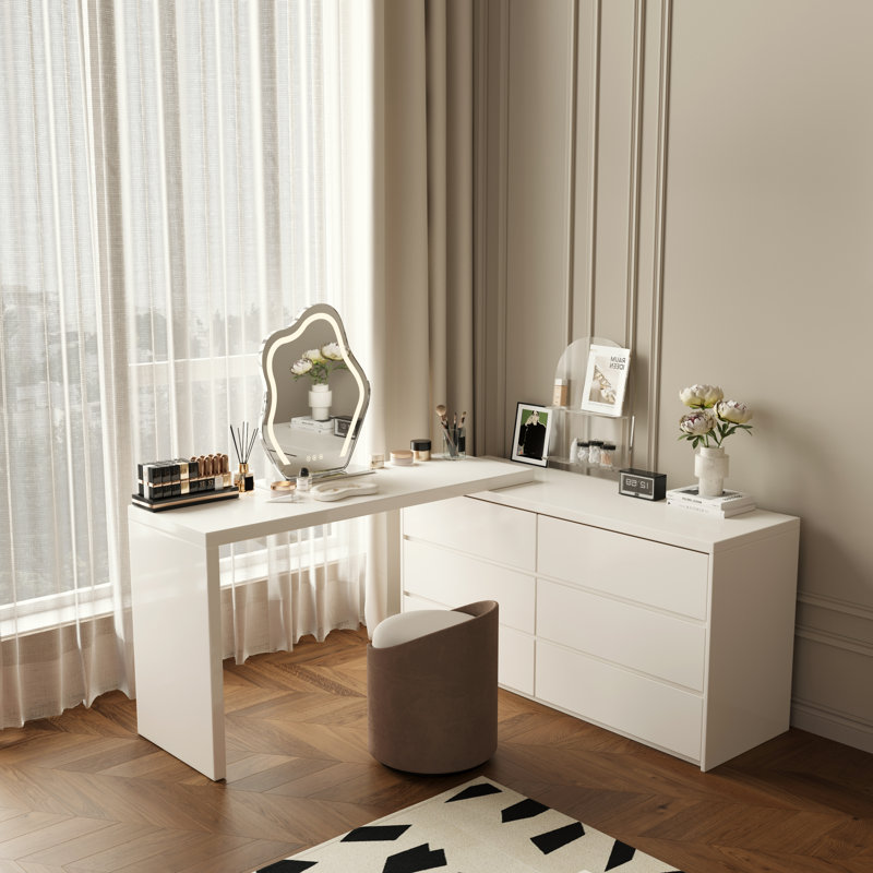 Zohair No Assembly Required Extendable Makeup Table With 6-Drawers, Cream