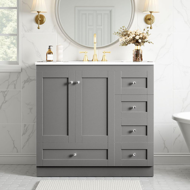 Meuble-lavabo simple 36 po avec lavabo en céramique, 4 tiroirs et 2 portes à fermeture en douceur, Gris