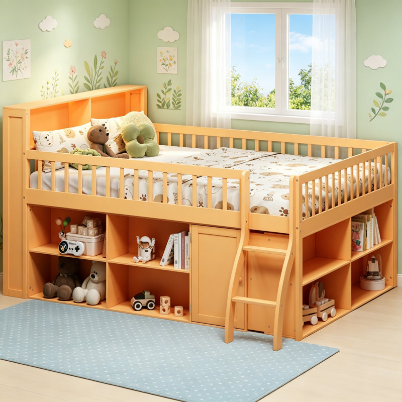 Grand lit mezzanine avec rangement, tête de lit à DEL et finition naturelle pour les chambres d'enfants modernes, Queen