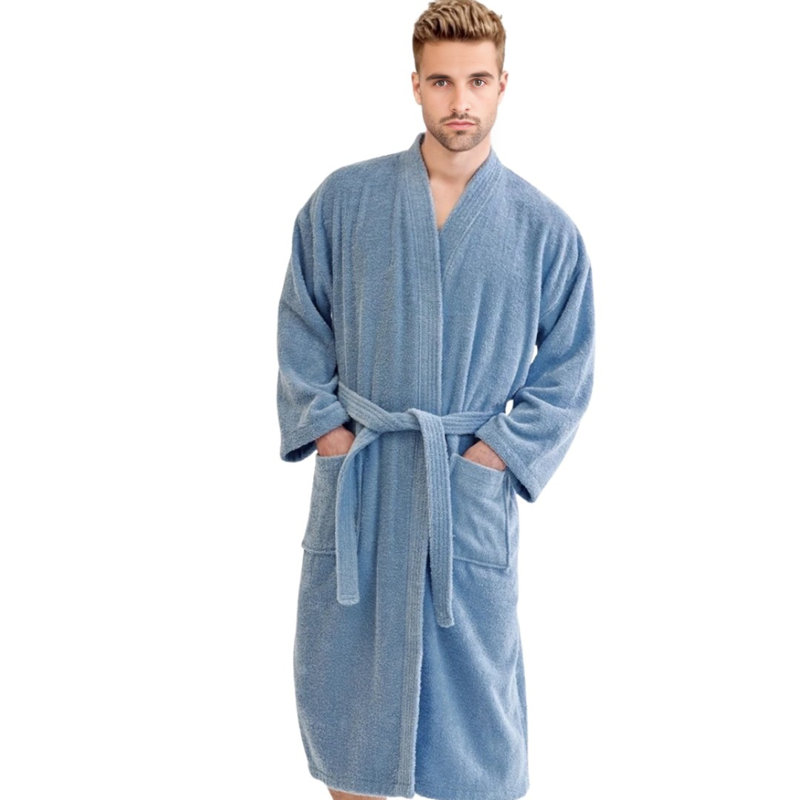 Peignoir mi-mollet 100% coton avec poches Ladijah, Bleu
