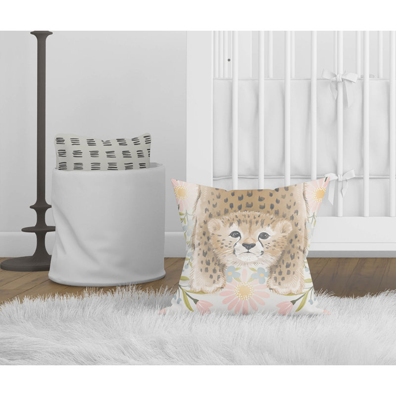 Lil Lying Leopard Flowers Ivory Pillow, 16" H x 16" W