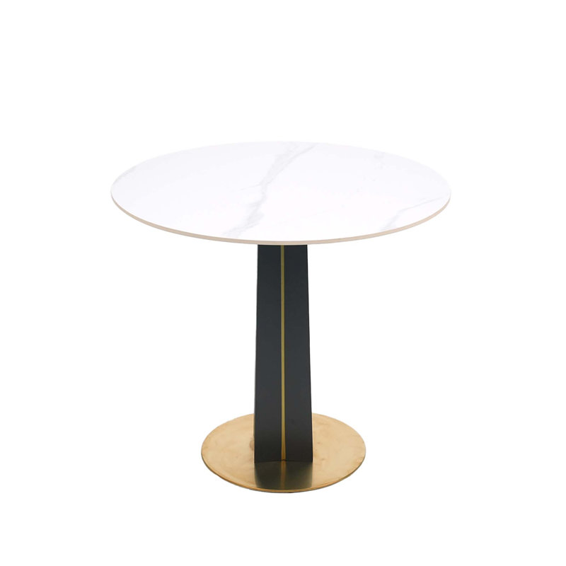 Table de salle à manger avec pieds en bois noir et base en métal doré Modern Modern, Blanc, Pierre frittée