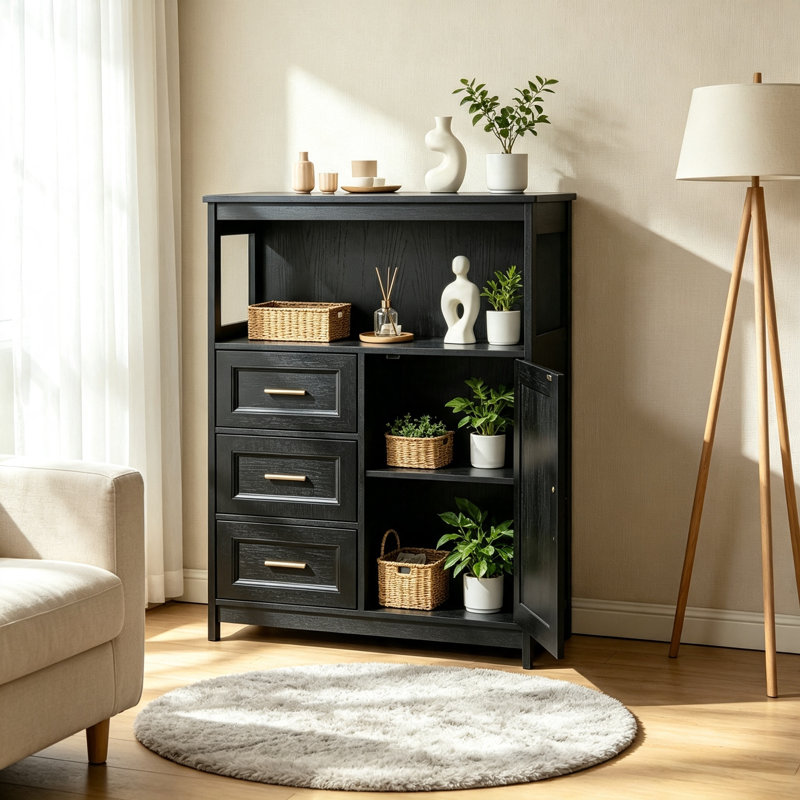 Buffet moderne avec 3 tiroirs et 1 porte, buffet de rangement noir avec tablette réglable - Armoire de plancher pour la cuisine, la salle à manger et le salon