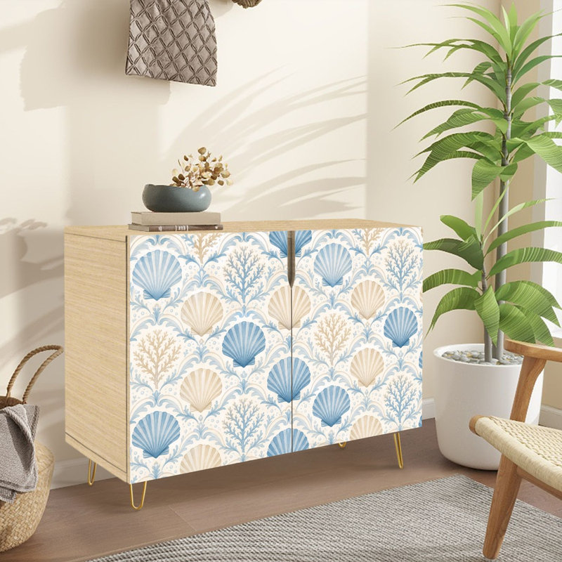 Buffet buffet avec rangement Seashell Coral damassé bleu doux beige avec 2 portes pour le salon et la cuisine