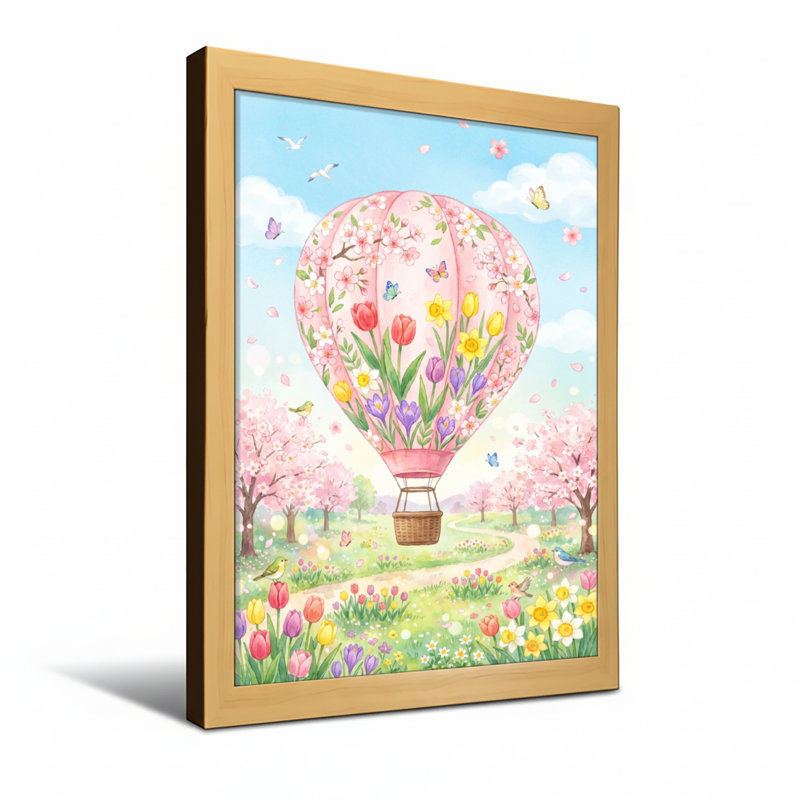 Plantes et fleurs, scène de printemps en montgolfière, H 12 po x l 18 po, Impression encadrée sans passe-partout