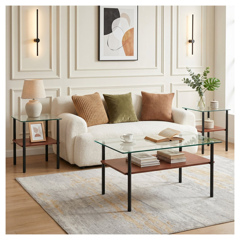 Ensemble de 3 tables basses modernes avec dessus en verre trempé, tables gigognes en métal doré