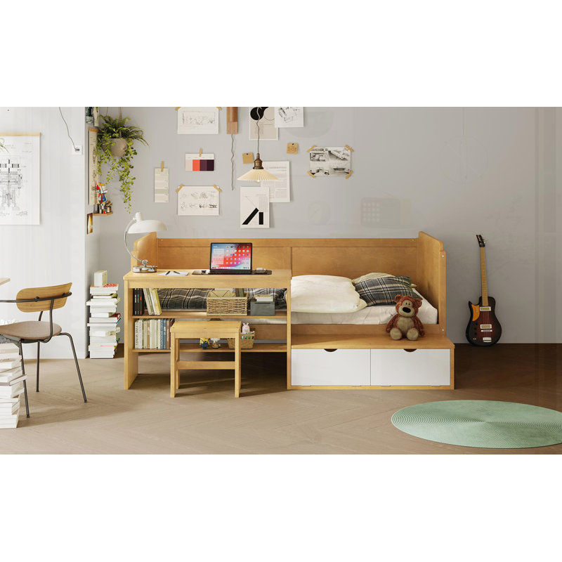 Lit de jour simple en bois avec tablettes de rangement et casiers, Naturel