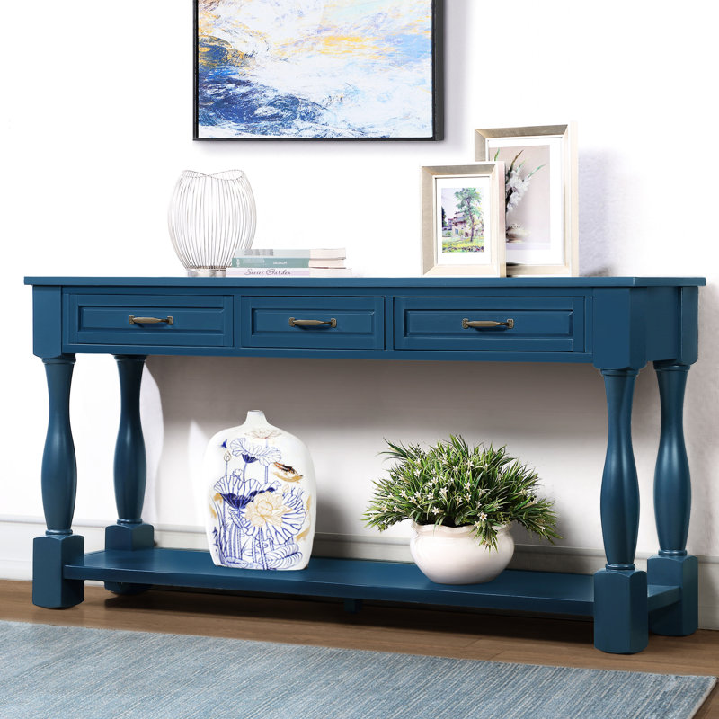 Console 63 po avec 3 tiroirs. Bleu marine, structure en bois massif, capacité de charge robuste, installation facile avec tiroirs et tablette de 63 po. Stable, assemblage
