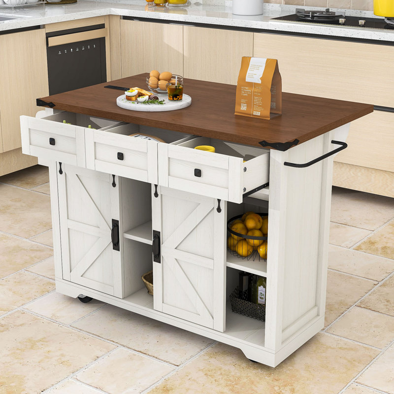Elegant Farmhouse Kitchen Island with Built-in Power Supply and Drop Leaf Tabletop, White