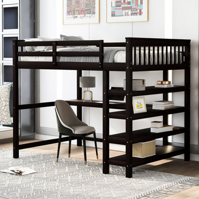 Lit mezzanine double pour chambre à coucher. Possède un bureau et des tablettes pour le rangement. Lit dans. Avec tablette inférieure