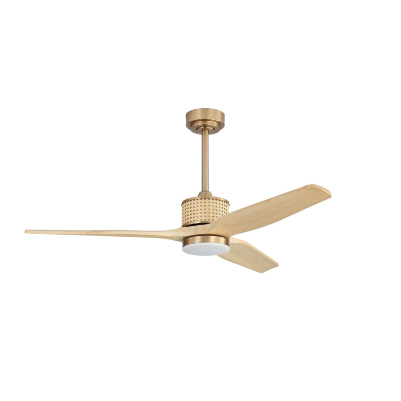 52 In. 3 Solid Wood Blades Indoor Ceiling Fan With Led Light, Gold with Wood Grain Blades