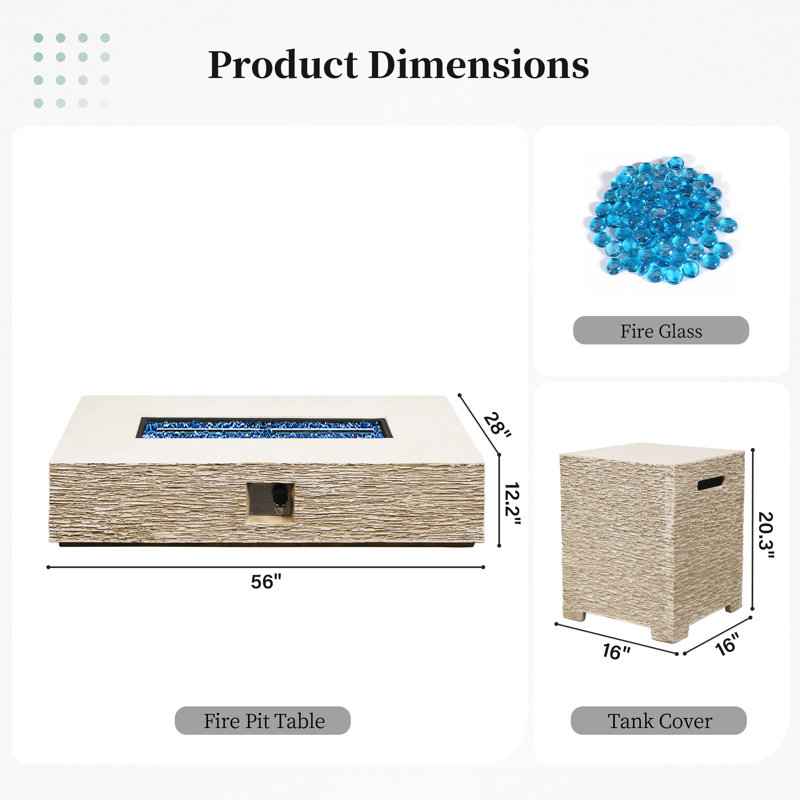 56 in. Rectangular Magnesium Oxide Outdoor Fire Pit Table with Tank Cover and Rain Cover, Beige