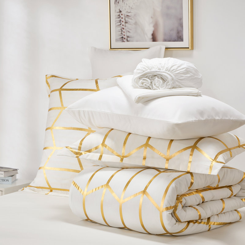  7-Piece King Size Metallic Geometric Comforter Set, Modern Gold Foil Chevron Bedding on White, All-Season Microfiber Bed in a Bag with Sheets and Pillow Shams
